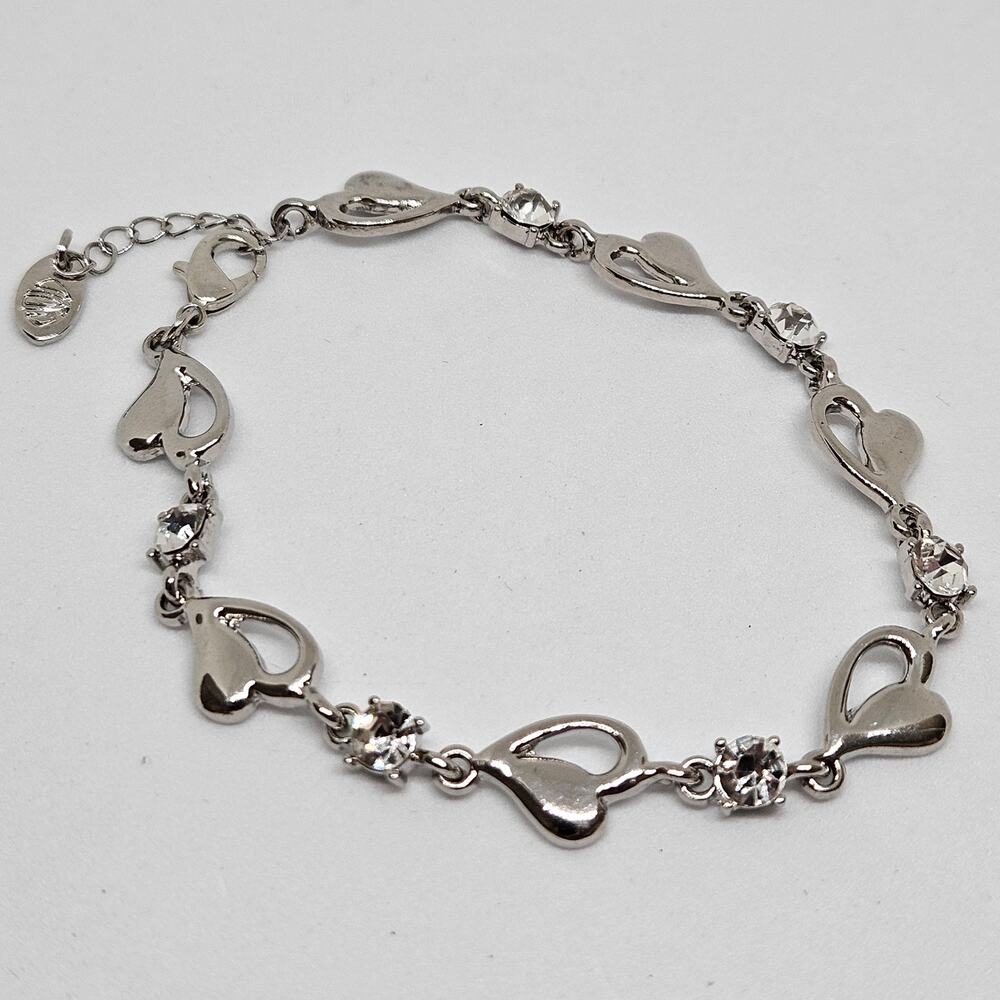 Silver Tone Heart Charm Rhinestone Accents Chain Bracelet